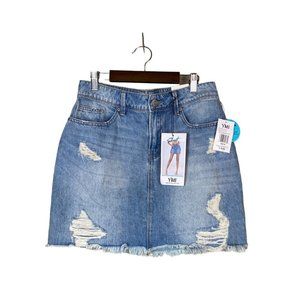 YMI Dream Collection Rigid+Stretch Denim Ripped Mini Skirt Blue Womens SZ M NWT